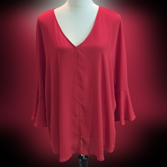 Chaus New York Red V-Neck Top Women's XL Bell Sleeves Lightweight Pullover - Picture 1 of 9